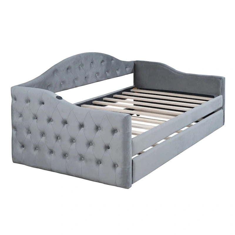 Lit de repos en velours touffeté double avec lit gigogne | Chargement USB et Type-C | Cadre en MDF | Pas besoin de sommier tapissier