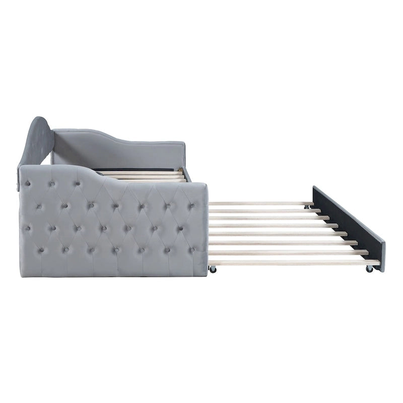 Lit de repos en velours touffeté double avec lit gigogne | Chargement USB et Type-C | Cadre en MDF | Pas besoin de sommier tapissier