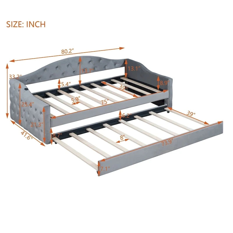 Lit de repos en velours touffeté double avec lit gigogne | Chargement USB et Type-C | Cadre en MDF | Pas besoin de sommier tapissier