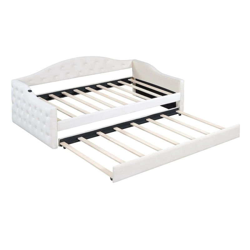 Lit de repos en velours touffeté double avec lit gigogne | Chargement USB et Type-C | Cadre en MDF | Pas besoin de sommier tapissier