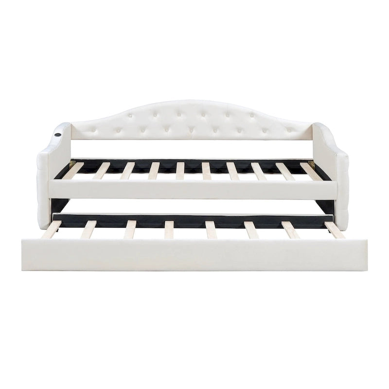 Lit de repos en velours touffeté double avec lit gigogne | Chargement USB et Type-C | Cadre en MDF | Pas besoin de sommier tapissier