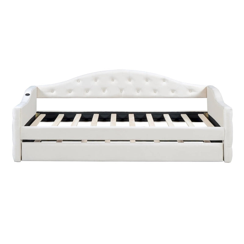 Lit de repos en velours touffeté double avec lit gigogne | Chargement USB et Type-C | Cadre en MDF | Pas besoin de sommier tapissier