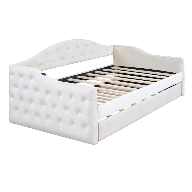 Lit de repos en velours touffeté double avec lit gigogne | Chargement USB et Type-C | Cadre en MDF | Pas besoin de sommier tapissier