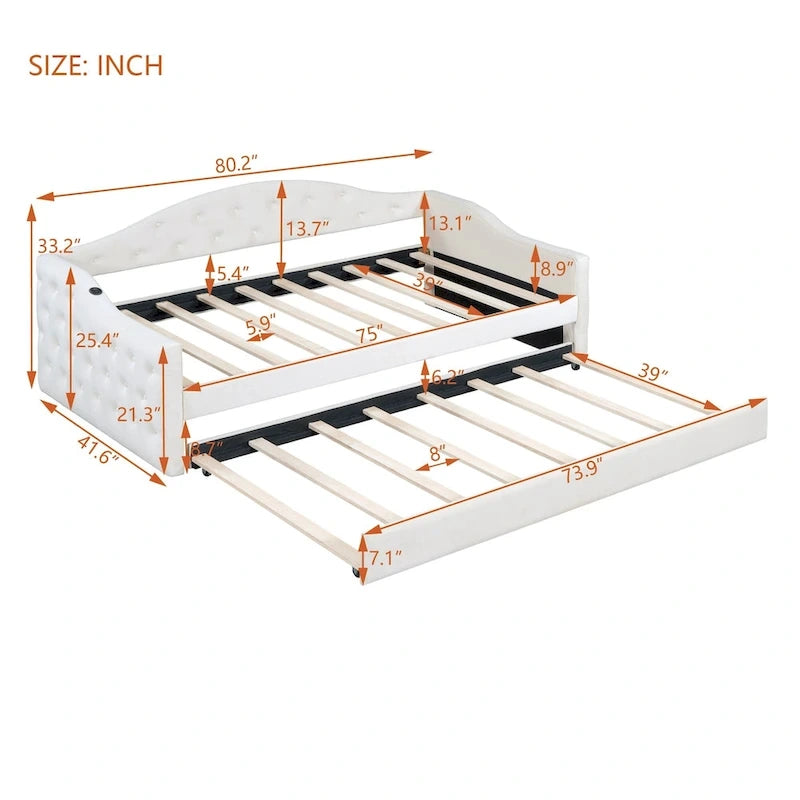 Lit de repos en velours touffeté double avec lit gigogne | Chargement USB et Type-C | Cadre en MDF | Pas besoin de sommier tapissier