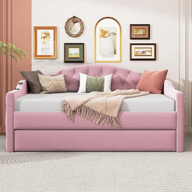 Lit de repos en velours touffeté double avec lit gigogne | Chargement USB et Type-C | Cadre en MDF | Pas besoin de sommier tapissier