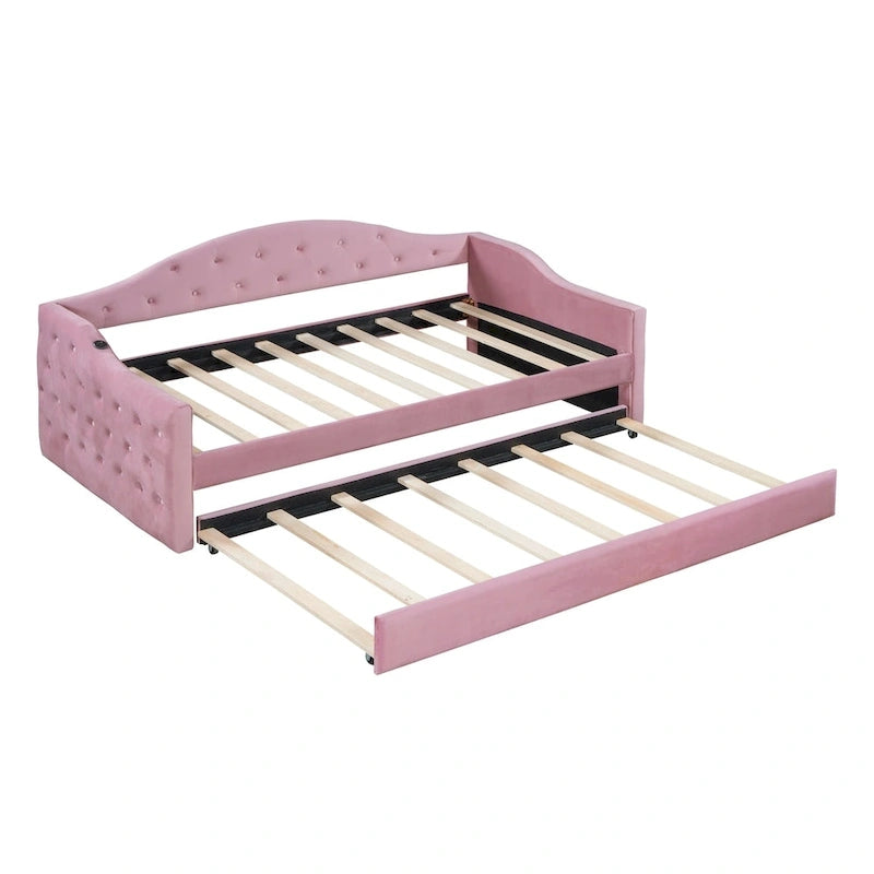 Lit de repos en velours touffeté double avec lit gigogne | Chargement USB et Type-C | Cadre en MDF | Pas besoin de sommier tapissier