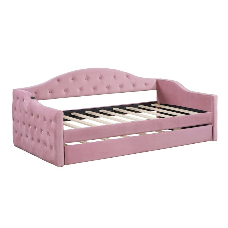 Lit de repos en velours touffeté double avec lit gigogne | Chargement USB et Type-C | Cadre en MDF | Pas besoin de sommier tapissier