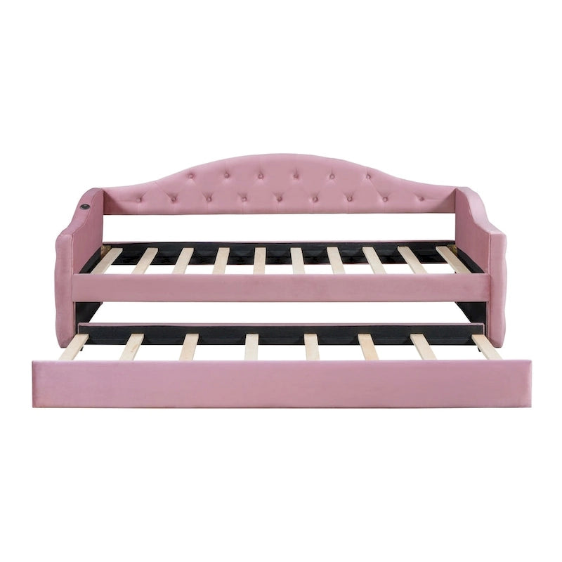 Lit de repos en velours touffeté double avec lit gigogne | Chargement USB et Type-C | Cadre en MDF | Pas besoin de sommier tapissier