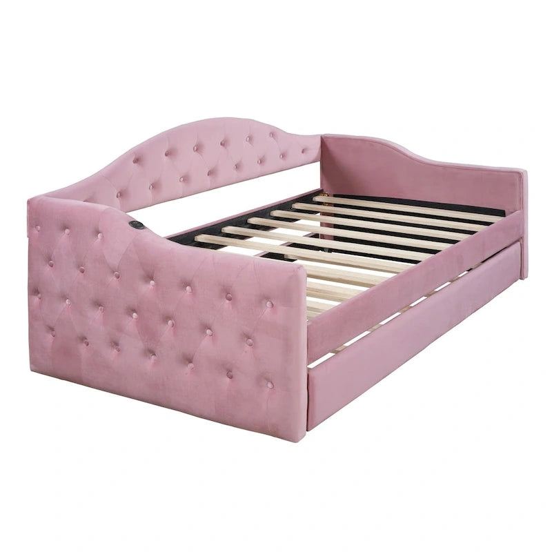Lit de repos en velours touffeté double avec lit gigogne | Chargement USB et Type-C | Cadre en MDF | Pas besoin de sommier tapissier