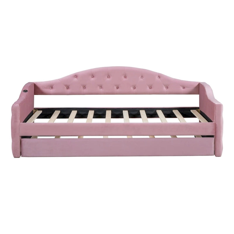 Lit de repos en velours touffeté double avec lit gigogne | Chargement USB et Type-C | Cadre en MDF | Pas besoin de sommier tapissier