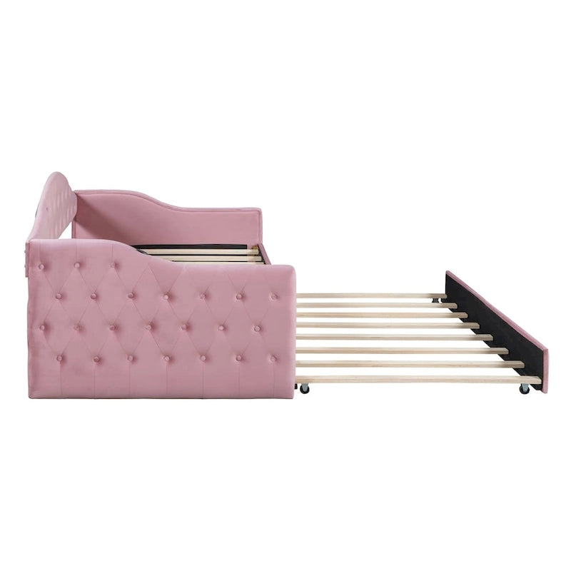 Lit de repos en velours touffeté double avec lit gigogne | Chargement USB et Type-C | Cadre en MDF | Pas besoin de sommier tapissier
