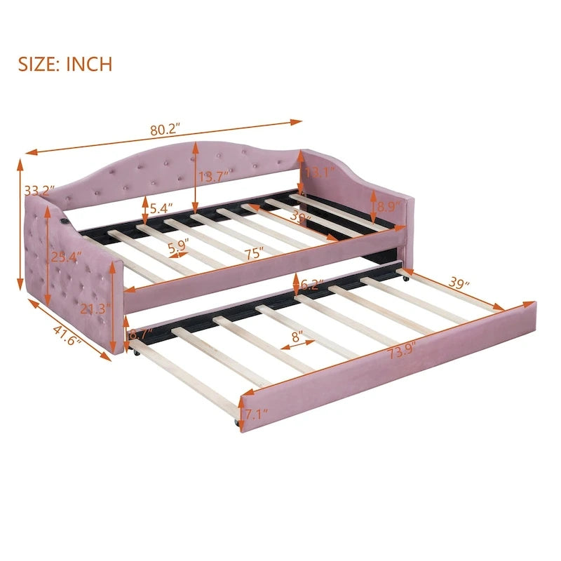 Lit de repos en velours touffeté double avec lit gigogne | Chargement USB et Type-C | Cadre en MDF | Pas besoin de sommier tapissier