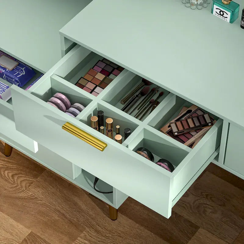 Coiffeuse avec panneau perforé et huche, table de maquillage de chambre à coucher avec station de charge et lumière LED - S/O