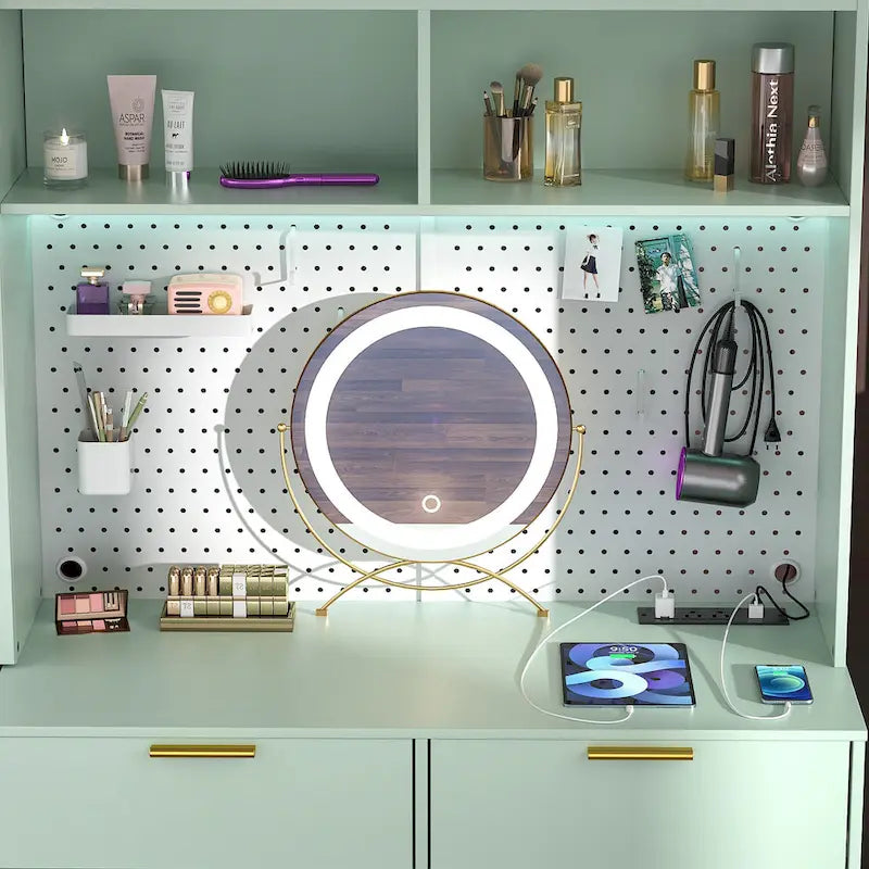 Coiffeuse avec panneau perforé et huche, table de maquillage de chambre à coucher avec station de charge et lumière LED - S/O