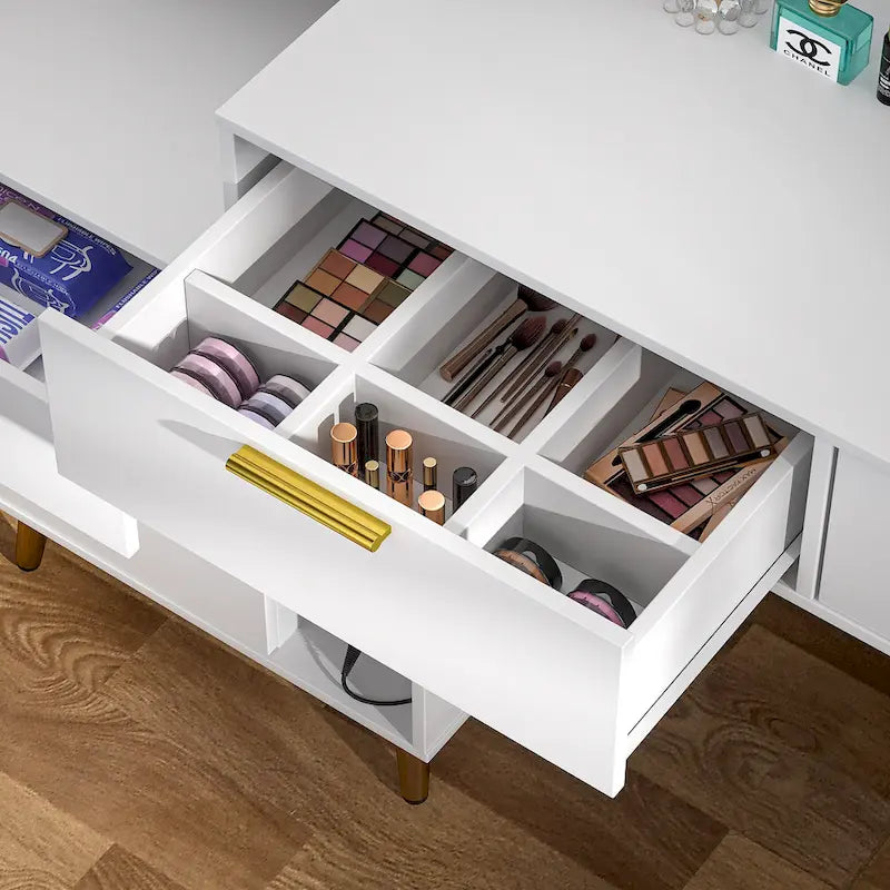 Coiffeuse avec panneau perforé et huche, table de maquillage de chambre à coucher avec station de charge et lumière LED - S/O