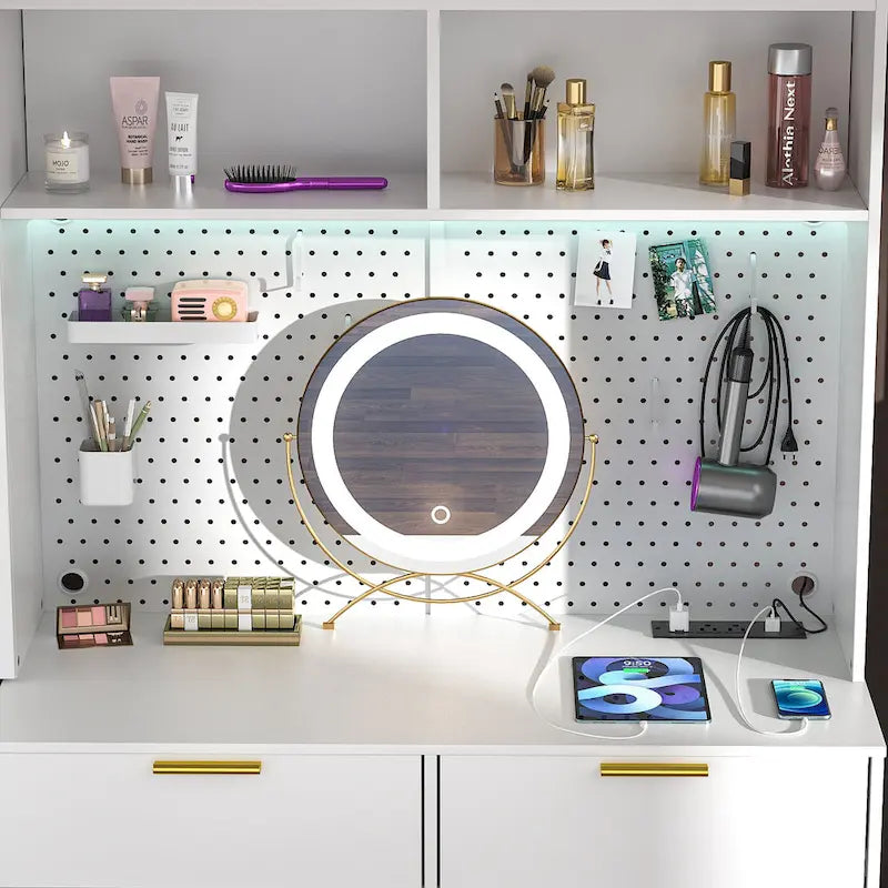 Coiffeuse avec panneau perforé et huche, table de maquillage de chambre à coucher avec station de charge et lumière LED - S/O
