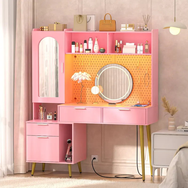 Coiffeuse avec panneau perforé et huche, table de maquillage de chambre à coucher avec station de charge et lumière LED - S/O