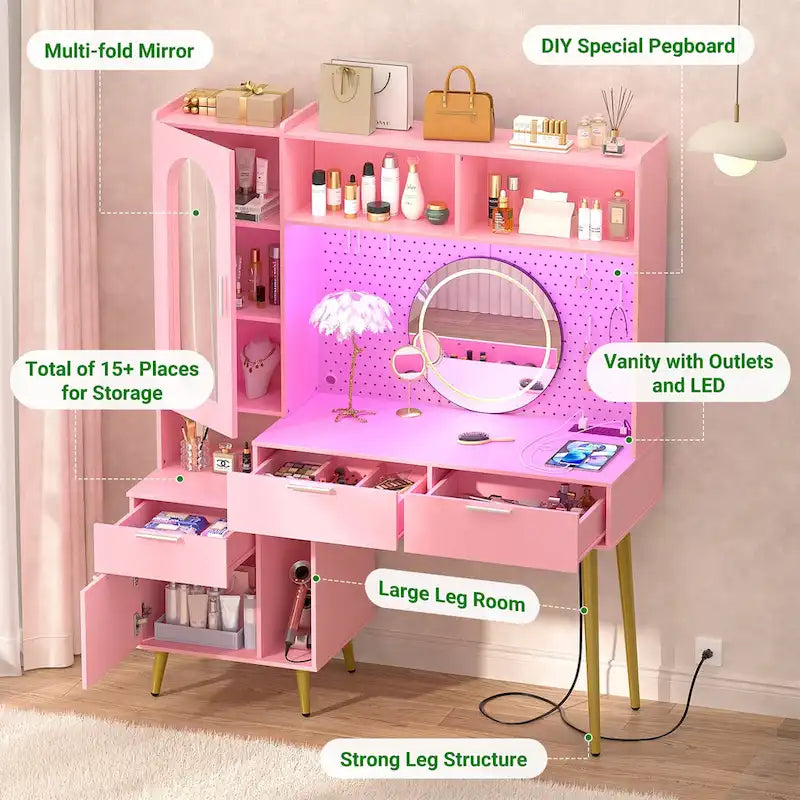 Coiffeuse avec panneau perforé et huche, table de maquillage de chambre à coucher avec station de charge et lumière LED - S/O