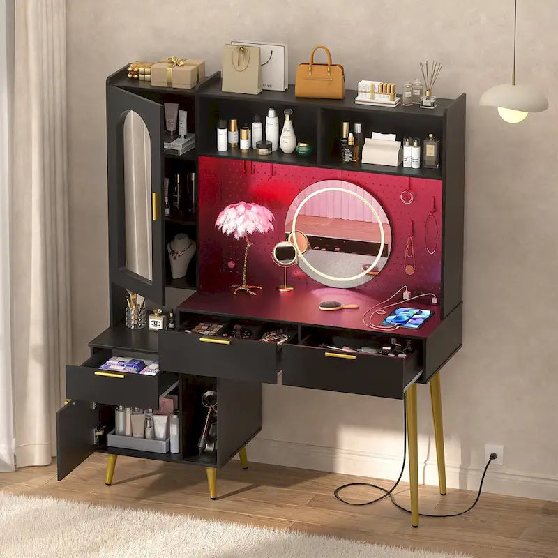 Coiffeuse avec panneau perforé et huche, table de maquillage de chambre à coucher avec station de charge et lumière LED - S/O