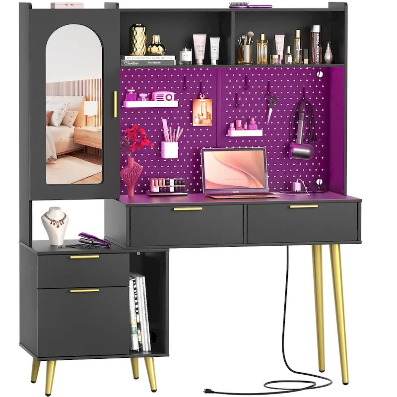 Coiffeuse avec panneau perforé et huche, table de maquillage de chambre à coucher avec station de charge et lumière LED - S/O
