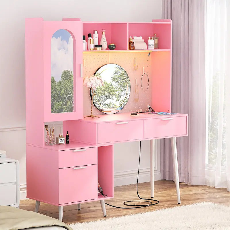 Coiffeuse avec panneau perforé et huche, table de maquillage de chambre à coucher avec station de charge et lumière LED - S/O