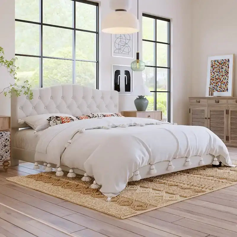 Lit plateforme rembourré avec tête de lit capitonnée en losanges | Lin de polyester | Lattes en bois | Grand lit/Très grand lit
