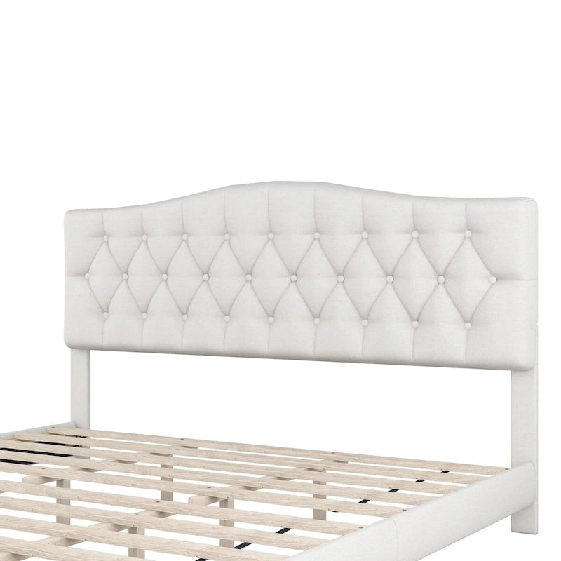 Lit plateforme rembourré avec tête de lit capitonnée en losanges | Lin de polyester | Lattes en bois | Grand lit/Très grand lit