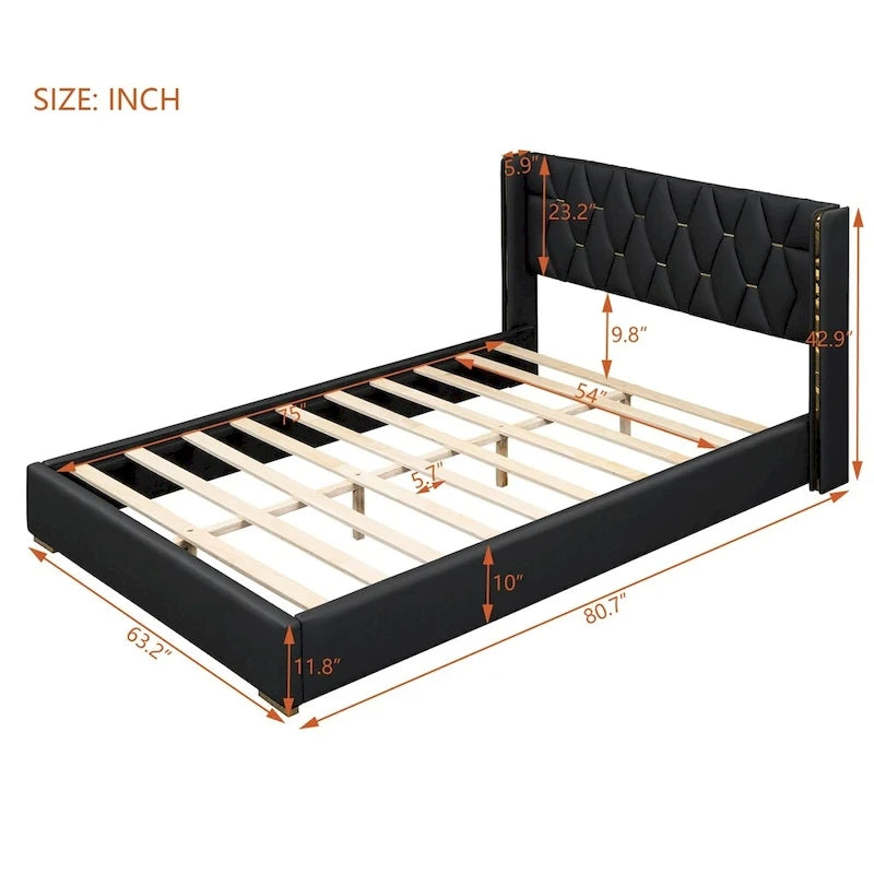 Lit plateforme pleine grandeur en cuir avec cadre en bois