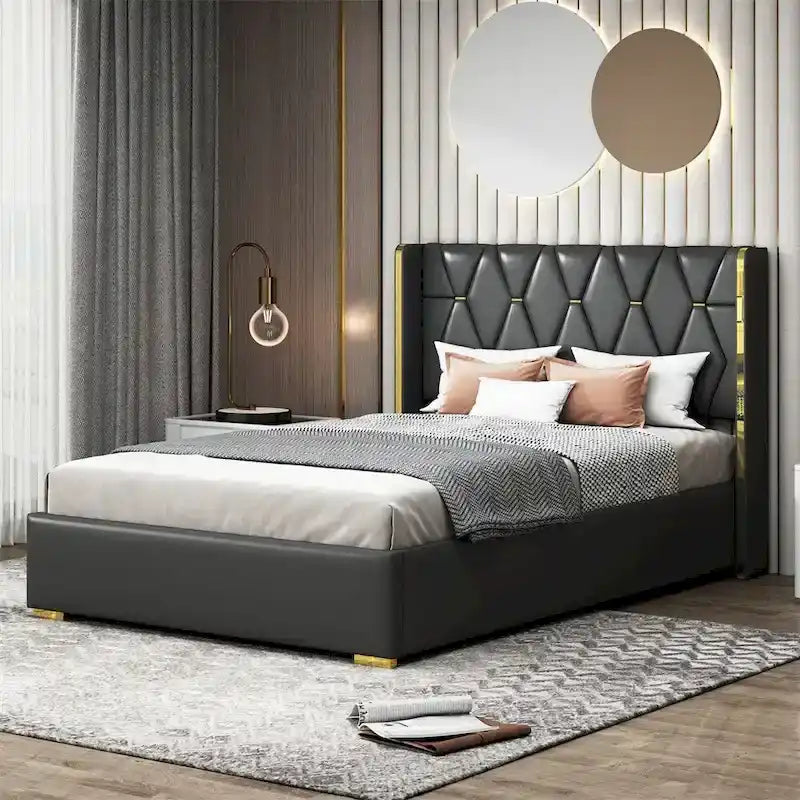 Lit plateforme pleine grandeur en cuir avec cadre en bois