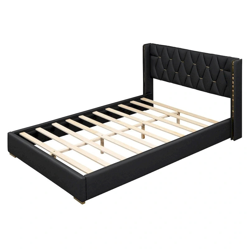 Lit plateforme pleine grandeur en cuir avec cadre en bois