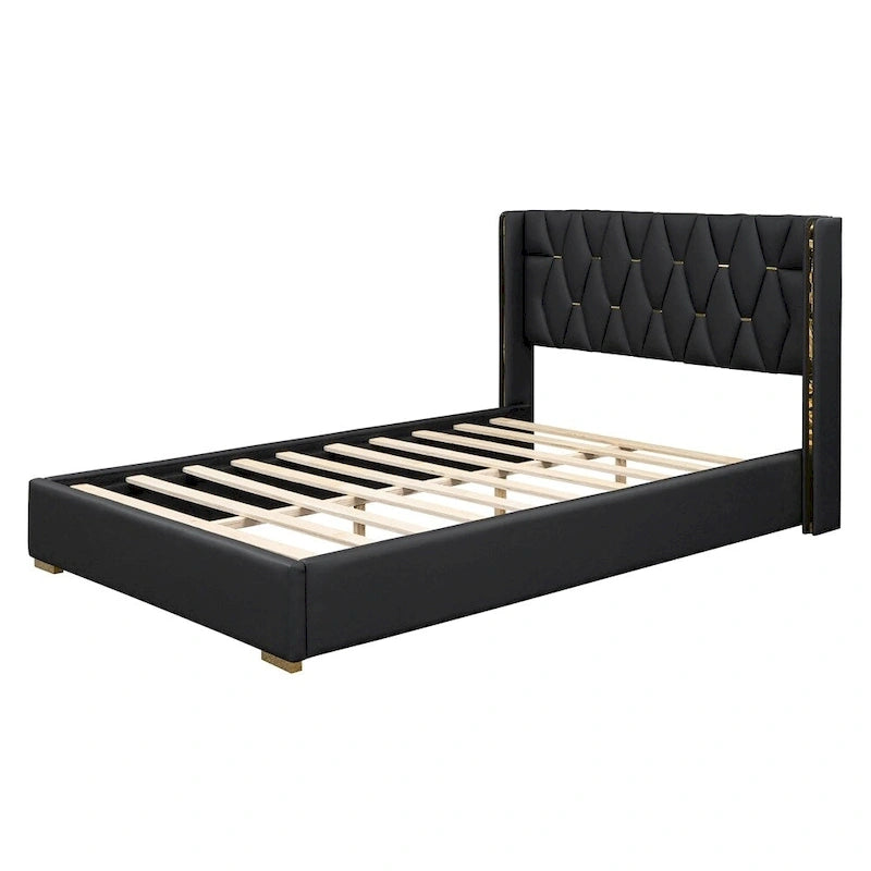 Lit plateforme pleine grandeur en cuir avec cadre en bois