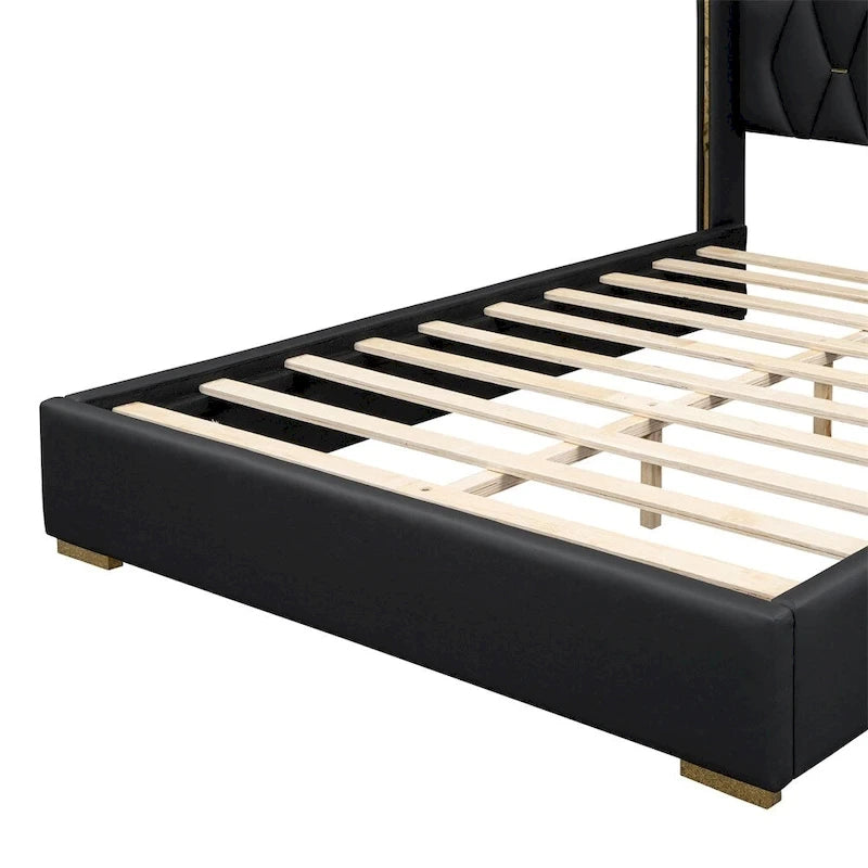 Lit plateforme pleine grandeur en cuir avec cadre en bois