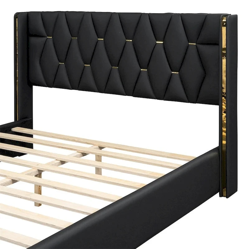 Lit plateforme pleine grandeur en cuir avec cadre en bois