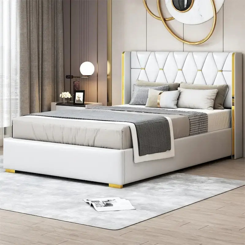 Lit plateforme pleine grandeur en cuir avec cadre en bois