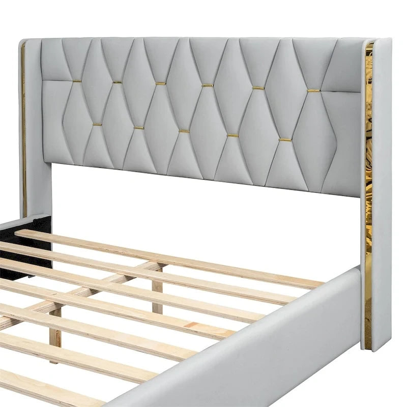 Lit plateforme pleine grandeur en cuir avec cadre en bois