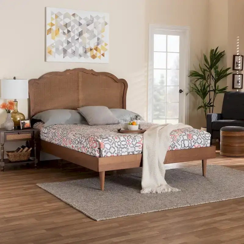 Lit plateforme en rotin brun noyer du milieu du siècle | Bois d'hévéa | 5 options de hauteur | Queen/King | Pas besoin de sommier