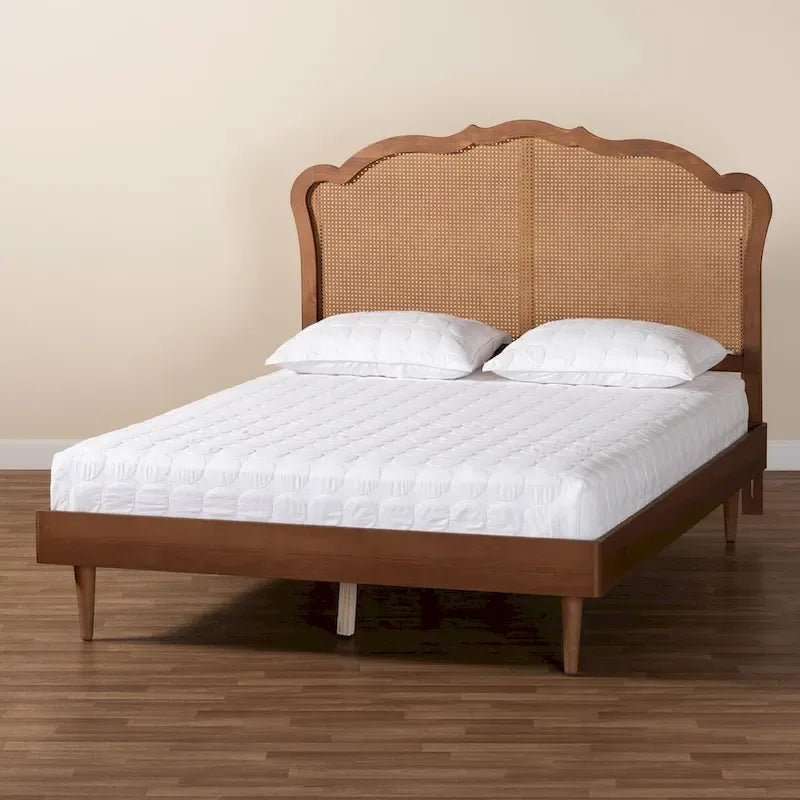 Lit plateforme en rotin brun noyer du milieu du siècle | Bois d'hévéa | 5 options de hauteur | Queen/King | Pas besoin de sommier