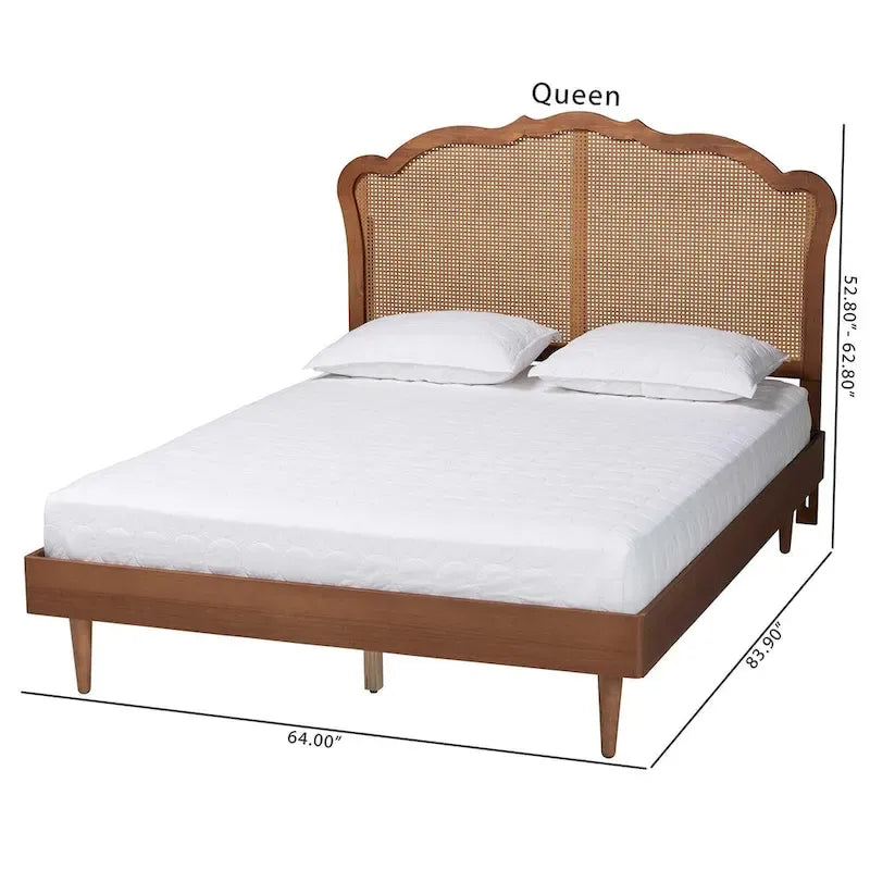 Lit plateforme en rotin brun noyer du milieu du siècle | Bois d'hévéa | 5 options de hauteur | Queen/King | Pas besoin de sommier