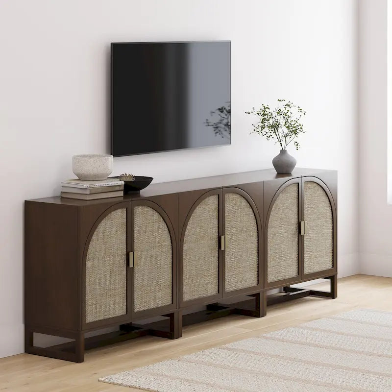 Meuble de rangement bohème en bois avec portes cintrées en rotin | Étagères réglables | Pieds en bois massif | Salon