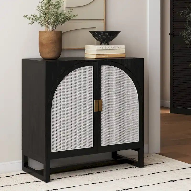 Meuble de rangement bohème en bois avec portes cintrées en rotin | Étagères réglables | Pieds en bois massif | Salon