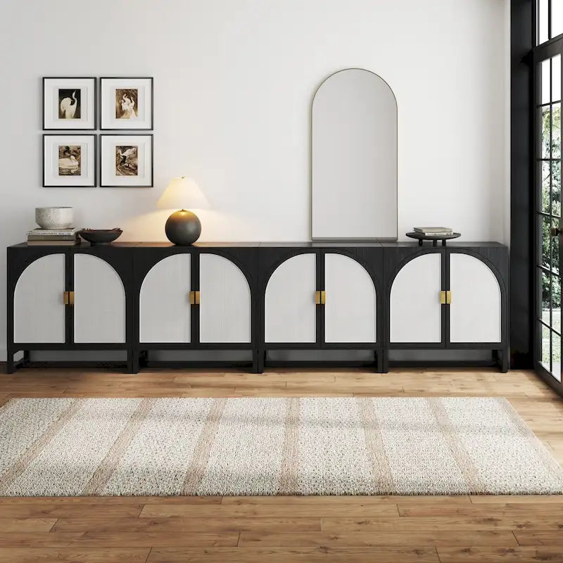 Meuble de rangement bohème en bois avec portes cintrées en rotin | Étagères réglables | Pieds en bois massif | Salon
