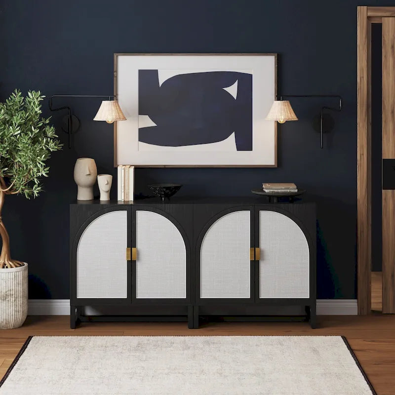 Meuble de rangement bohème en bois avec portes cintrées en rotin | Étagères réglables | Pieds en bois massif | Salon