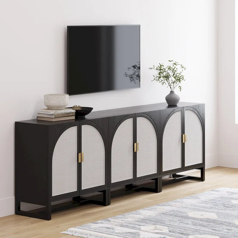 Meuble de rangement bohème en bois avec portes cintrées en rotin | Étagères réglables | Pieds en bois massif | Salon