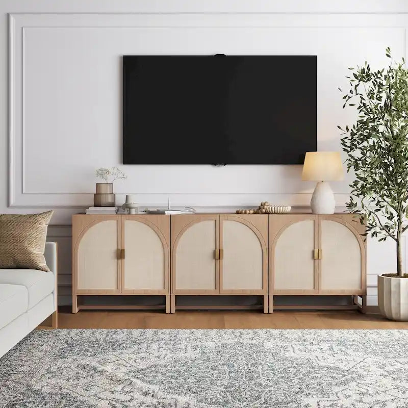 Meuble de rangement bohème en bois avec portes cintrées en rotin | Étagères réglables | Pieds en bois massif | Salon