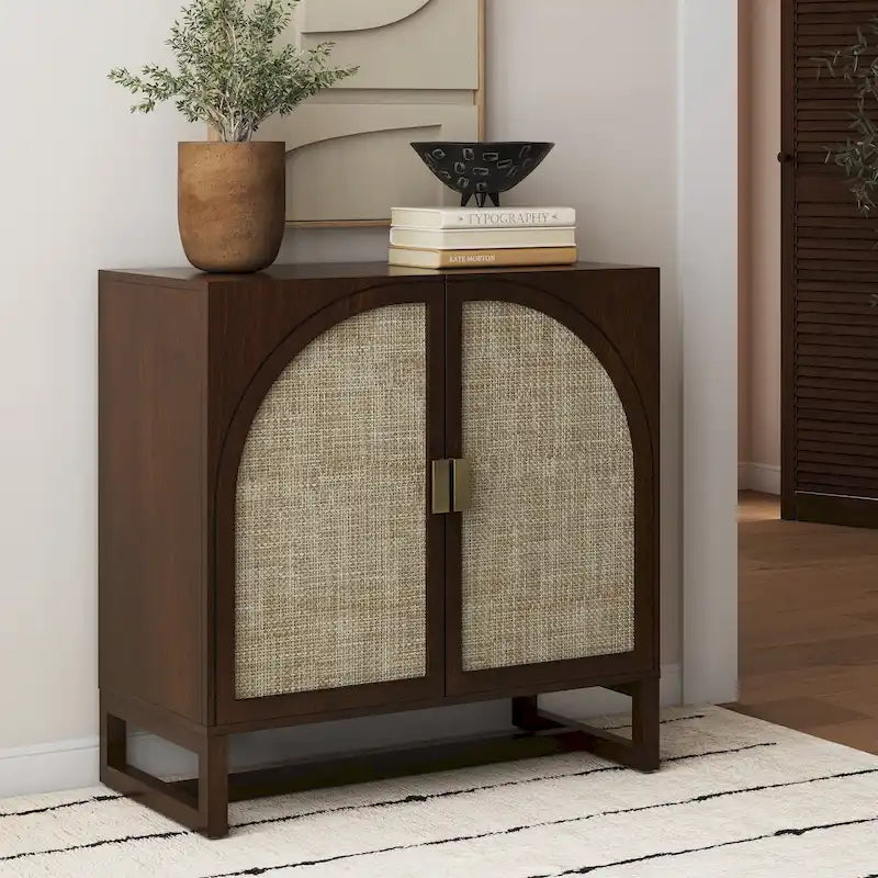 Meuble de rangement bohème en bois avec portes cintrées en rotin | Étagères réglables | Pieds en bois massif | Salon