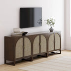 Meuble de rangement bohème en bois avec portes cintrées en rotin | Étagères réglables | Pieds en bois massif | Salon