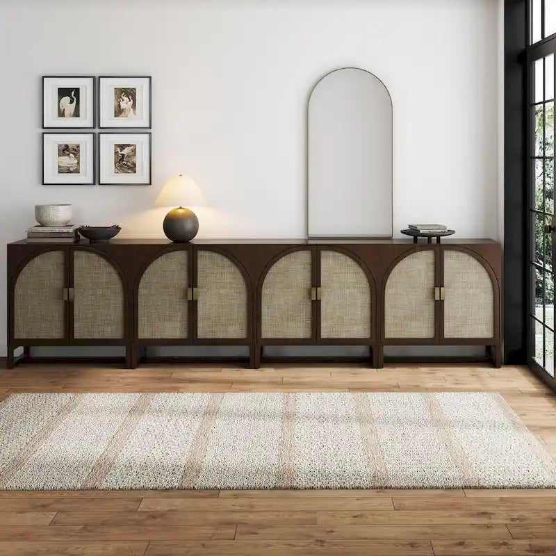 Meuble de rangement bohème en bois avec portes cintrées en rotin | Étagères réglables | Pieds en bois massif | Salon
