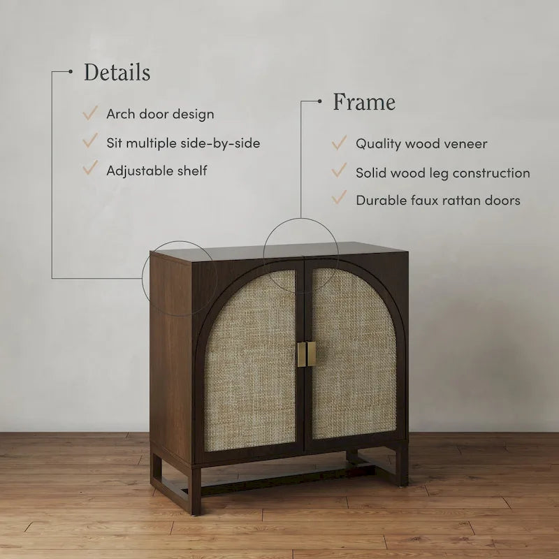 Meuble de rangement bohème en bois avec portes cintrées en rotin | Étagères réglables | Pieds en bois massif | Salon