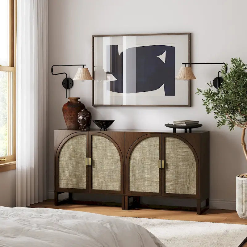 Meuble de rangement bohème en bois avec portes cintrées en rotin | Étagères réglables | Pieds en bois massif | Salon