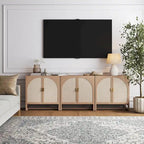 Meuble de rangement bohème en bois avec portes cintrées en rotin | Étagères réglables | Pieds en bois massif | Salon